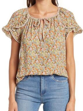 Max Studio Orange and Yellow Floral Ruffle Tie-Neck Blouse